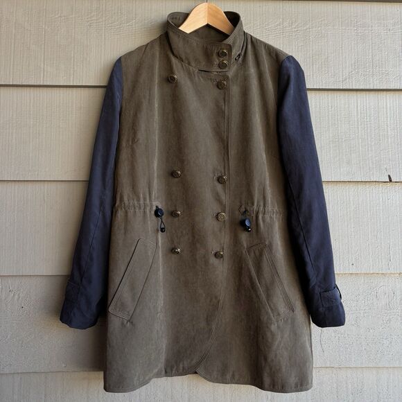 Tribeca Double Breasted Green & Dark Blue Trench Jacket Long Coat Woman Sz M - Picture 2 of 10